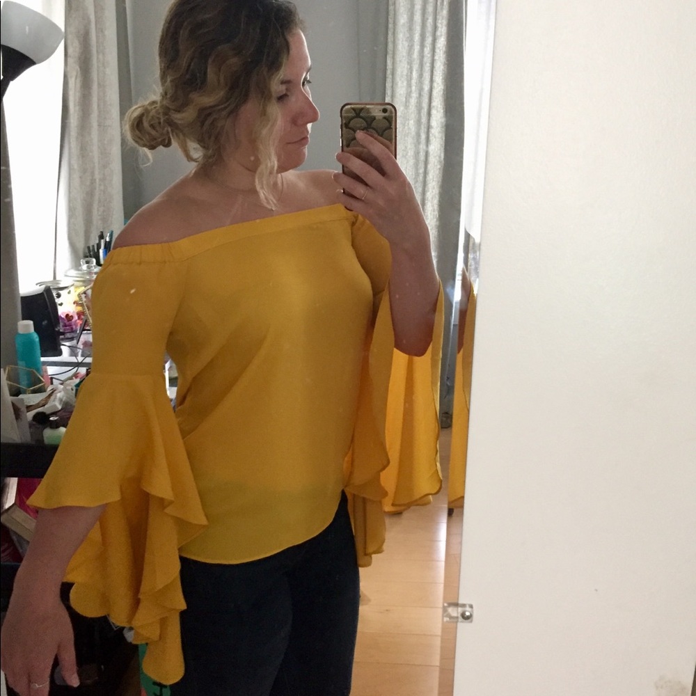 Off-the-shoulder ruffle bell sleeve top